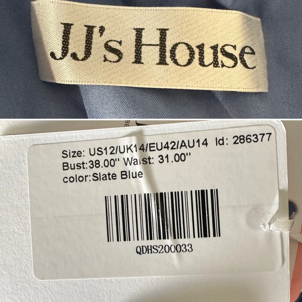 NWT JJ's House Jostelle Slate Blue Sequin Sheath Dress Cowl Neck Back Sash 12